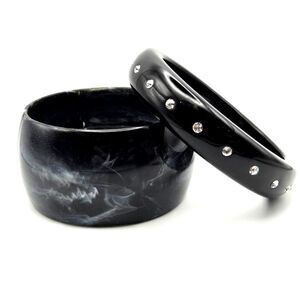 Two Retro Style Black Acrylic Bangle Bracelets - 1 Wide Marbled, 1 Rhinestones